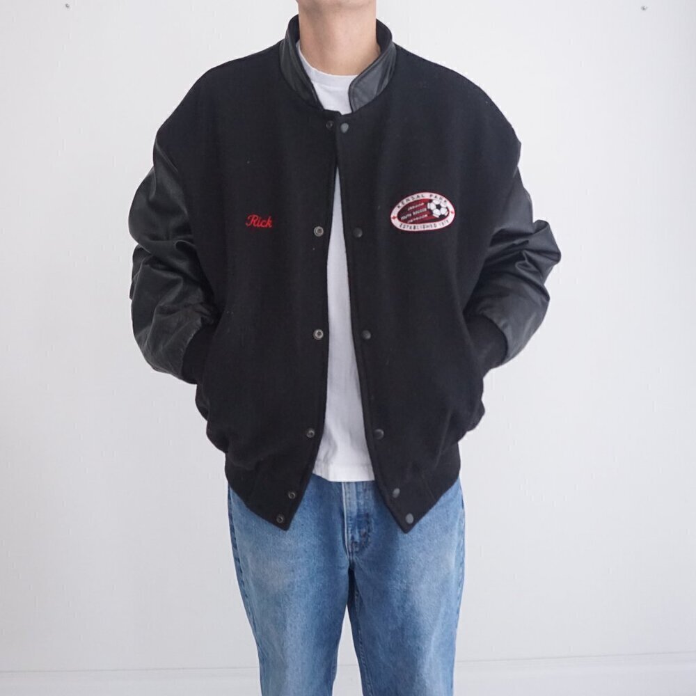 Vintage 90S Canada Sportswear Black 100% Leather 100% Wool Bomber Jacket 2XL